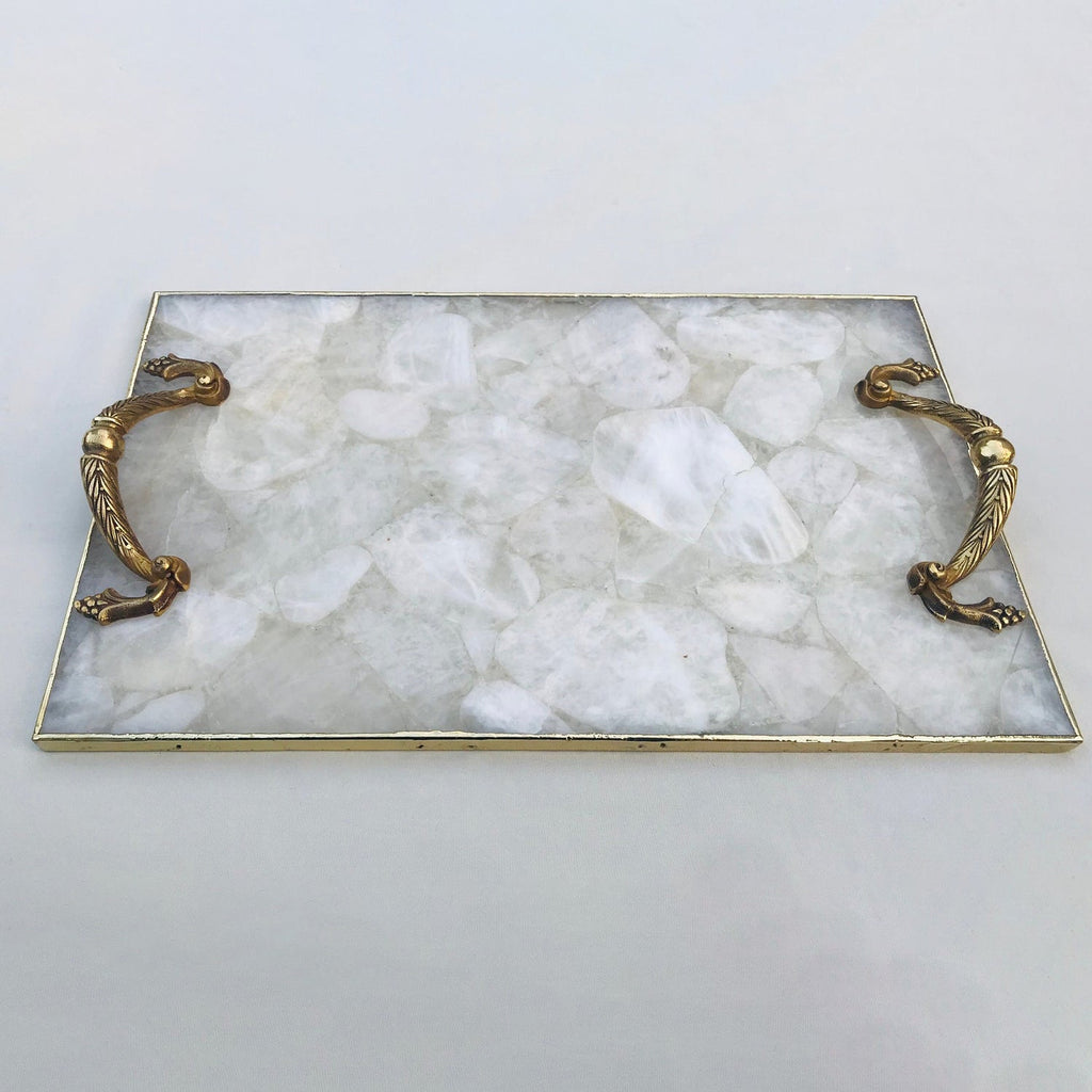 White Agate  Serving Tray With Brass Handles