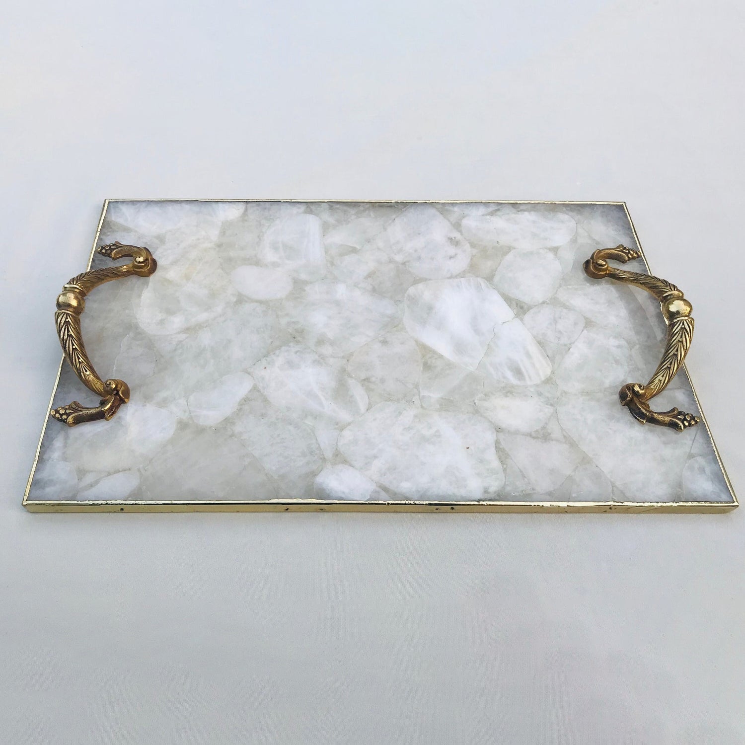 White Agate  Serving Tray With Brass Handles