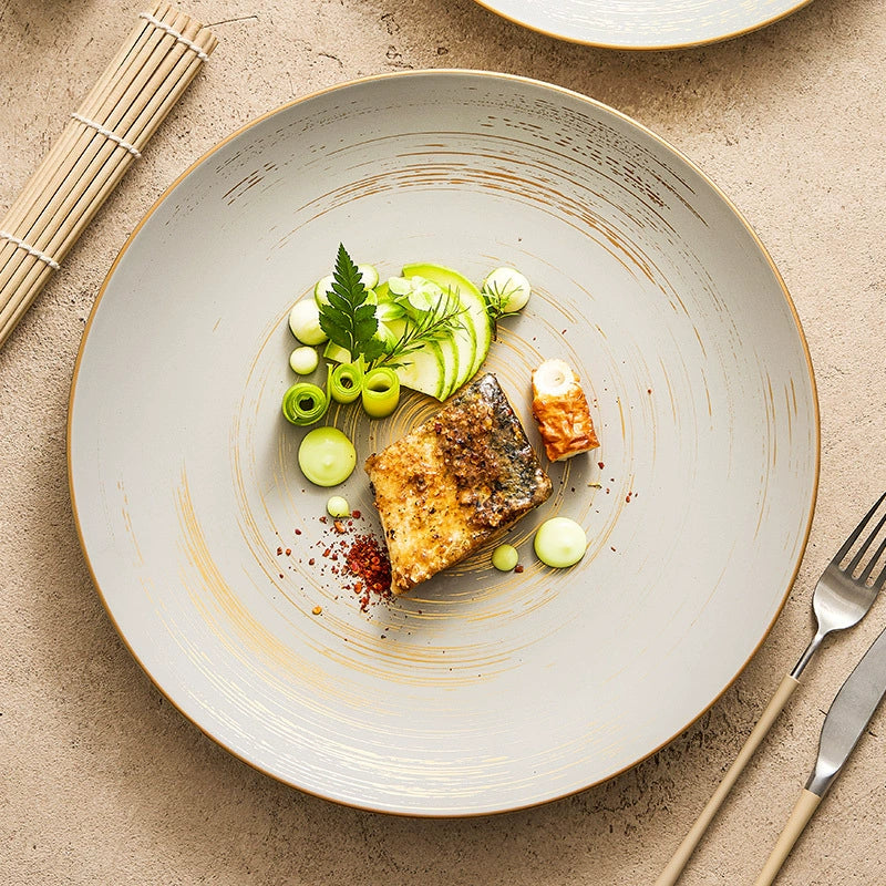 Matte Glazed Ceramic Dinner Plate with Gold Detailing – Available in