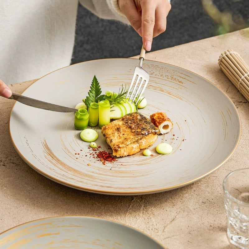 Matte Glazed Ceramic Dinner Plate with Gold Detailing – Available in