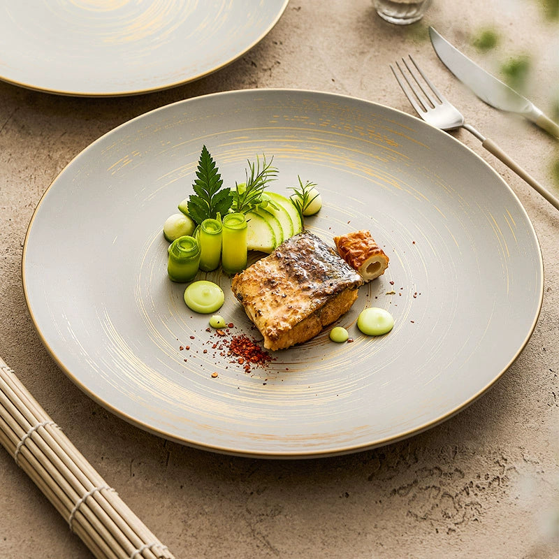 Matte Glazed Ceramic Dinner Plate with Gold Detailing – Available in
