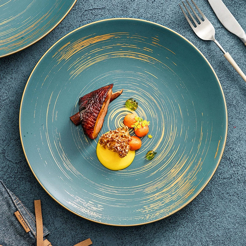 Matte Glazed Ceramic Dinner Plate with Gold Detailing – Available in