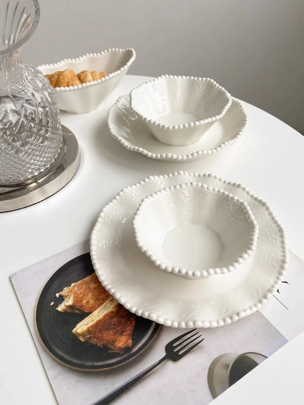 Ceramic Pearl Glaze Plates and Bowls Set Practical Breakfast Tableware