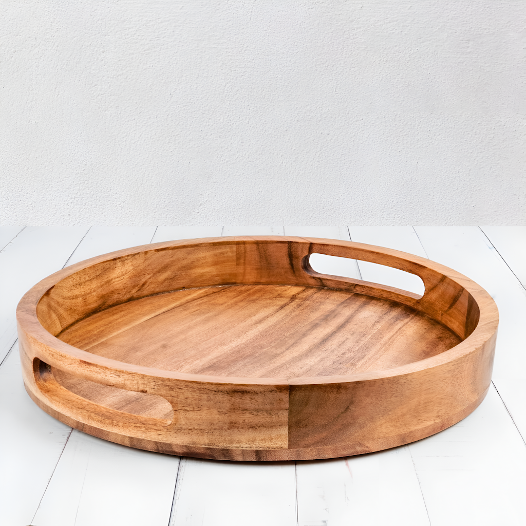 Handmade Round Serving Wooden Tray Size 12X12X1.6 Inch Color Brown